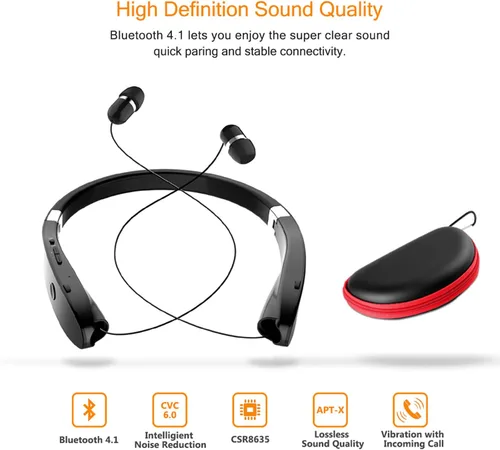 Vista 10 de Auriculares Bluetooth plegables, Beartwo Auriculares Bluetooth retráctiles ligeros para deportes y ejercicio, auriculares inalámbricos estéreo