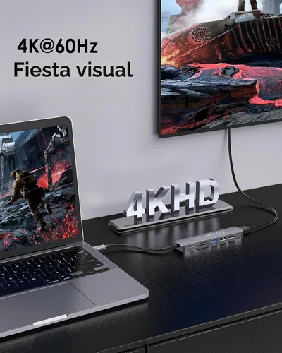 Vista 2 de LENTION Hub USB C 7 en 1, HDMI 4K a 60Hz, PD de 100 W, lector de tarjetas Gris espacial