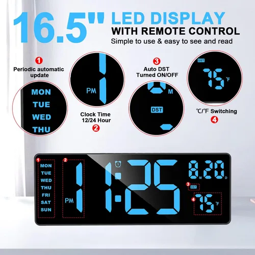 Vista 4 de XREXS Reloj de pared digital con pantalla grande, reloj de pared LED de 16.5 pulgadas con 6 luces nocturnas que cambian de color, DST automático