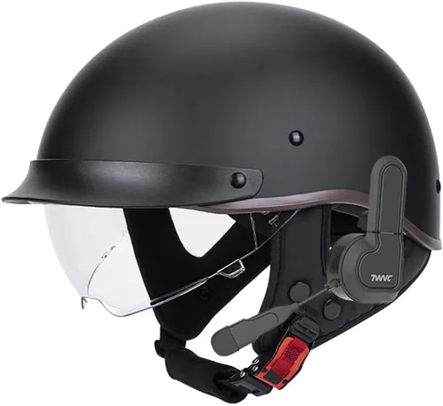 Vista 14 de Casco de motocicleta con Bluetooth, estilo alemán, casco abierto, aprobado por DOT, micrófono con altavoz integrado con visera retráctil
