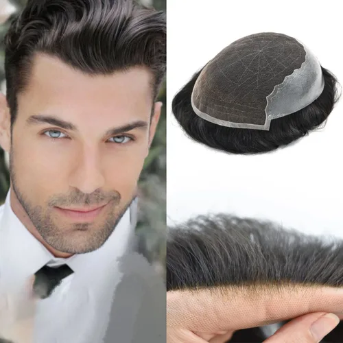 Vista 15 de Mens Toupee Swiss Lace Mens Hair Piece Sistema de reemplazo de cabello para hombres Toupee para hombres Cabello humano nudo blanqueado protesis