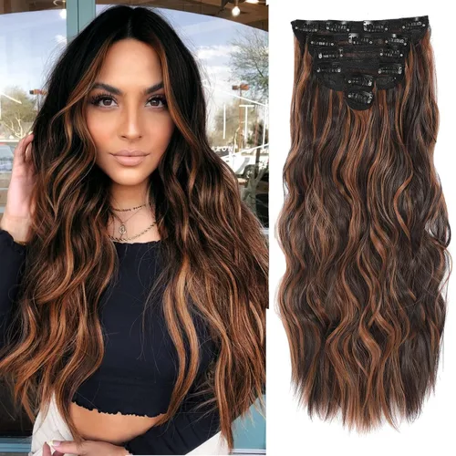 Vista 29 de NAYOO - Extensiones de cabello con clip, extensiones sintéticas onduladas de 20 pulgadas, 6 unidades Wavy Curly Hair, Full Head Coverage, Heat