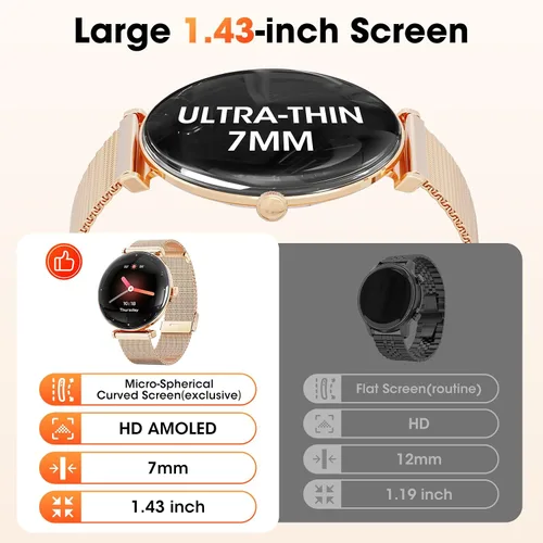Vista 8 de Hwagol Relojes inteligentes para mujer compatibles con iPhone Android [llamadas/cuerpo delgado de metal], pantalla AMOLED microesférica de 1.43