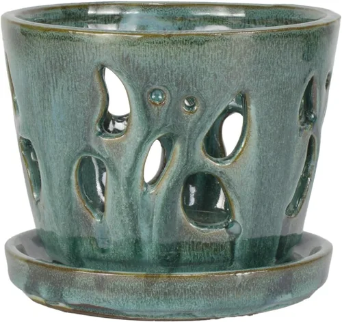Vista 2 de W&W Maceta de orquídeas con agujeros y platillo para trasplantar, mezcla verde, 5 pulgadas