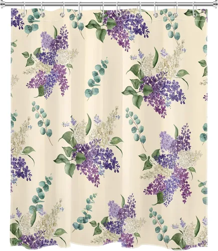 Vista 2 de EOBTAIN Cortina de ducha floral púrpura para baño, flores de acuarela y hojas de eucalipto verde sobre beige, cortina de ducha con 10 ganchos, juego