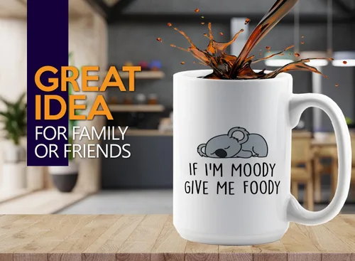 Vista 2 de Taza de café Lazy Animal de 15 onzas, color blanco -If I'm Moody Give Me Foody - Funny Lazy Friends About Koala Cute Animal Pet Keeper Amistad Food
