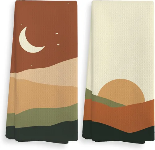 Vista 14 de Juego de 2 toallas de cocina y paños de cocina bohemios abstractos con diseño de amanecer y atardecer, diseño bohemio, para baño, cocina, 16 x 24