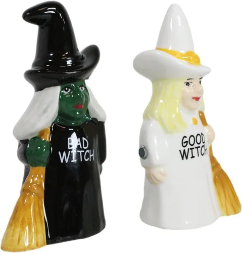 Vista 6 de Ebros Gift Fuerzas del bien y del mal Elphaba VS Glinda Brujas que llevan escobas con salero y pimentero, juego de figuras de cerámica con tapones