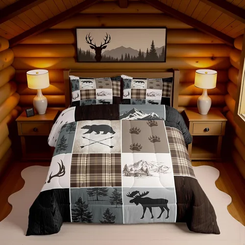 Vista 89 de Juego de ropa de cama Happy Camping de Homewish, tamaño individual, con diseño de osos cazadores y pinos, para niños, hombres, adultos, decoración
