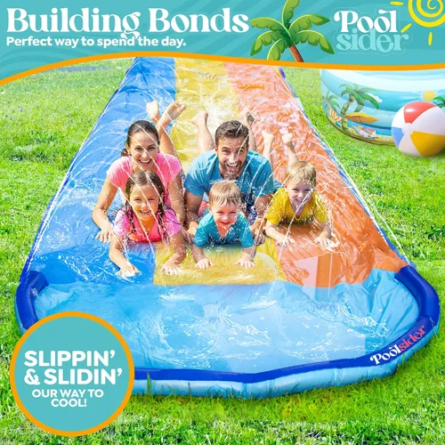 Vista 7 de POOLSIDER Tobogán acuático triple antideslizante y deslizante de 18 pies, 3 carriles azules, amarillos y naranjas con 3 tablas de bodyboard, diseño