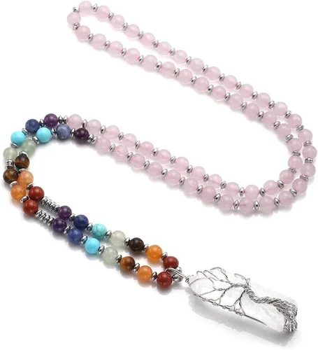 Vista 4 de Jovivi Collar con cristales curativos de 7 chakras naturales envueltos en alambre de cuarzo transparente colgante de árbol de la vida curativo