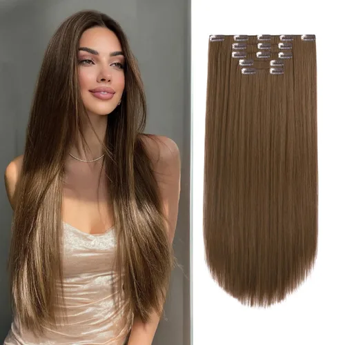 Vista 15 de Extensiones de cabello sintético con clip, color burdeos de 18 pulgadas de largo, invisibles, gruesas, extensiones de cabello lacio con clips, 5