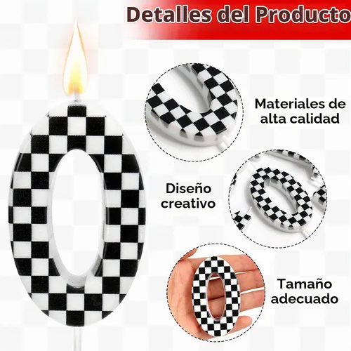 Vista 3 de Velas temáticas de autos de carreras para cumpleaños, velas numeradas número 0 a cuadros, decoración de pastel a cuadros en blanco y negro, adorno