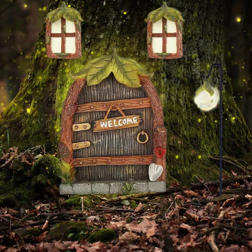 Vista 3 de Accesorios de jardín de hadas en miniatura, puerta y ventanas para árboles, escultura de patio que brilla en la oscuridad, adorno de césped, mini