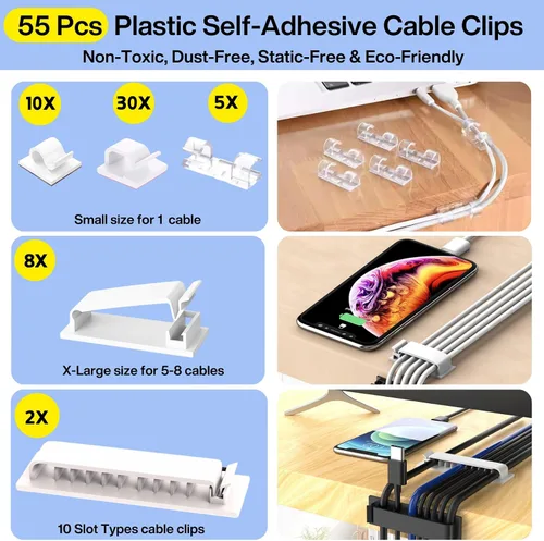 Vista 2 de Kit de gestión de cables [313 piezas], 67 clips adhesivos para cables, organizador de cables de escritorio Topavatop, 22 correas reutilizables
