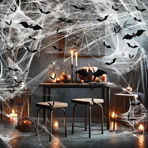 Vista 5 de Famoby 1200 pies cuadrados de telarañas de Halloween y 120 murciélagos falsos y 50 arañas falsas, telarañas superelásticas para decorar fiestas