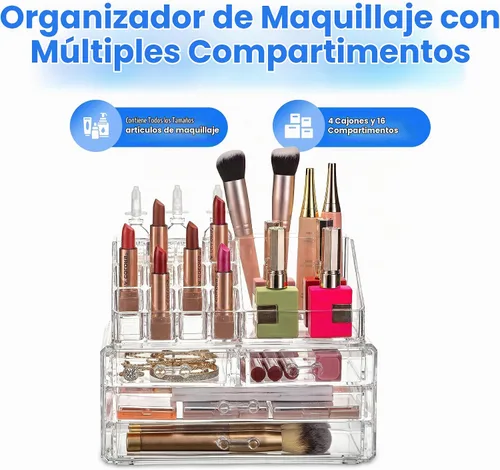 Vista 3 de Masirs Organizador de maquillaje transparente – 16 compartimentos para cosméticos y joyas con 4 cajones – Caja de almacenamiento para maquillaje