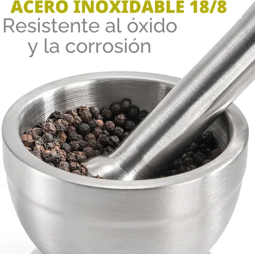 Vista 3 de Juegos de mortero y mortero Bekith de acero inoxidable cepillado 18/8 molinillo de especias triturador de pastillas molcajete cuenco para hierbas