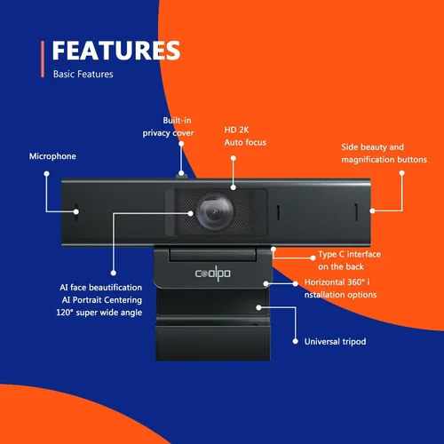Vista 7 de COOLPO Desk Mate - Cámara web híbrida HDR con autoenfoque y seguimiento, reducción de ruido HD 1080p, control de software para Google Gemini