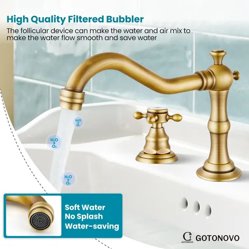 Vista 6 de gotonovo Grifo de baño de 3 agujeros y 8 pulgadas, grifo de lavabo de baño extendido, 2 asas cruzadas, grifo mezclador vintage con drenaje Latón