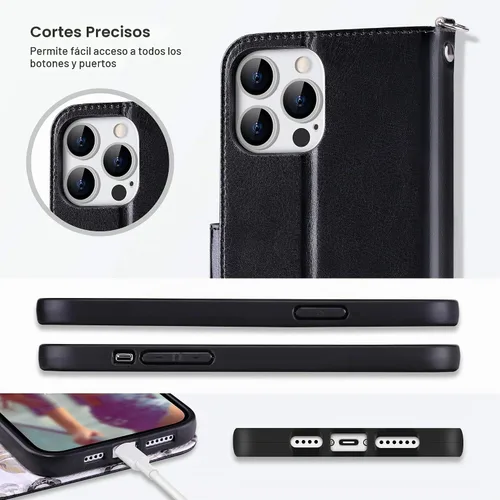 Vista 6 de ULAK Funda tipo cartera compatible con iPhone 15 Pro con tarjetero y diseño de flores, para mujeres y niñas, piel sintética, con función atril