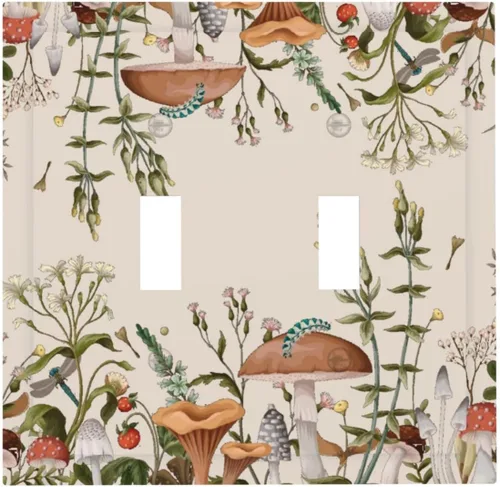 Vista 19 de Placa de Pared en Blanco de 1-Gang Sin Dispositivo Beige Lindo Vintage Boho de los 70s Hongo Fungus Planta Floral Botánica Libélula Interruptor