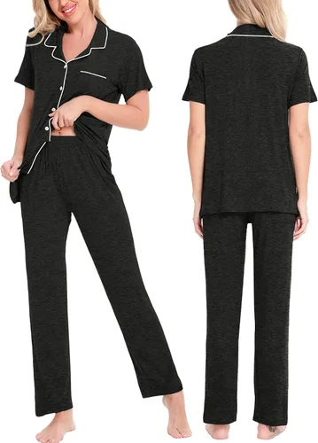 Vista 2 de SWOMOG conjunto de pijama de dos piezas para mujer, ropa de dormir de manga corta, con botones, pantalones largos
