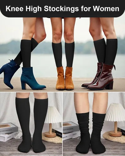 Vista 5 de Senker Fashion Calcetines altos hasta la rodilla para mujer, calcetines largos blancos de tubo negro a rayas para botas al aire libre deporte casual