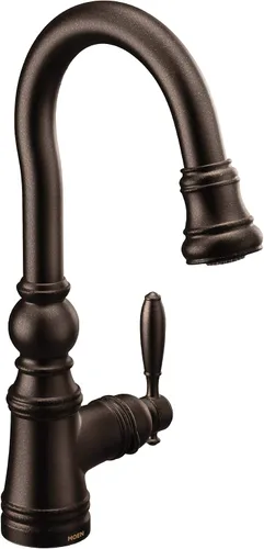 Vista 12 de Moen S53004BG Weymouth Shepherd's Hook Grifo de barra de cocina desplegable con varilla de metal con limpieza eléctrica, oro cepillado