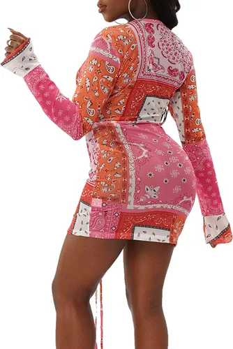 Vista 2 de FairBeauty Women's Sexy V Neck Dress Long Sleeve Bodycon Party Club Mini Dress