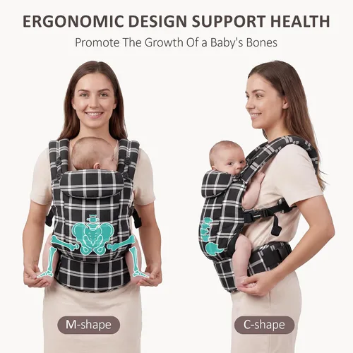 Vista 2 de Fruiteam - Portabebés ergonómico y ajustable, 100% algodón con soporte para la cabeza (cuadros negros y blancos)
