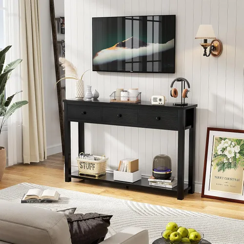 Vista 8 de Homieasy Mesa consola de granja con 3 cajones, mesa de sofá de madera de 47 pulgadas con estante de almacenamiento para sala de estar, detrás