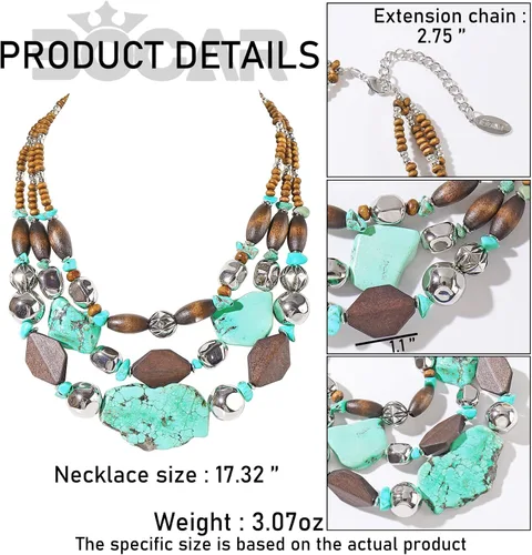 Vista 6 de Bocar 3 Layer Turquoise Wood Beaded Statement Chunky Necklace(NK-10124)