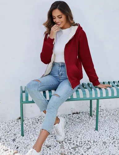 Vista 5 de Flygo Sudaderas con capucha de invierno para mujer, con cremallera, forro polar y forro de sherpa