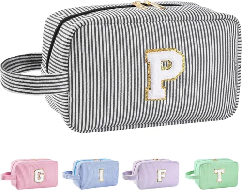 Vista 112 de Bolsa de maquillaje personalizada con inicial A-Z para mujeres, niñas y niños, bolsa de aseo de viaje, bolsa de maquillaje preparada, bolsa