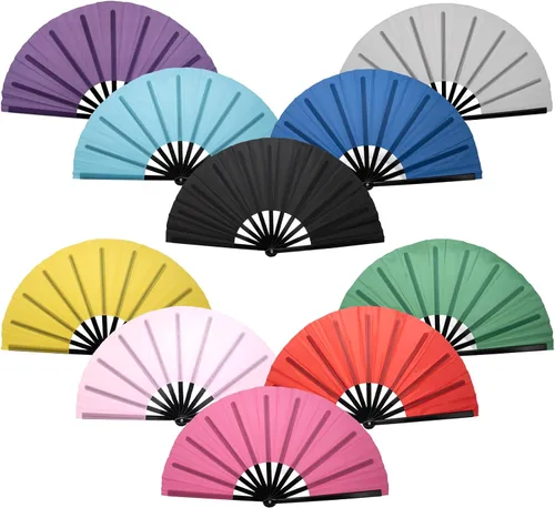 Vista 11 de QIRMIZI Abanico plegable grande de 10 piezas para rave de mano, abanicos para Kung Fu, Tai Chi, Danza, Festivales de Música, Carnavales, bodas