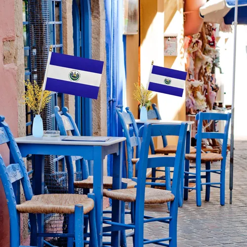 Vista 4 de WEITBF Paquete de 12 banderas de El Salvador de 8 x 12 pulgadas, pequeñas banderas salvadoreñas en palo, mini bandera de mano para decoración al