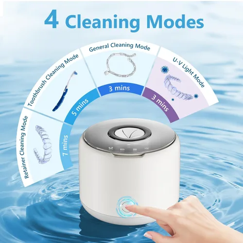 Vista 3 de Máquina limpiadora ultrasónica recargable, 46 kHz portátil de limpieza dental para protectores bucales nocturnos, aparatos ortopédicos, joyas
