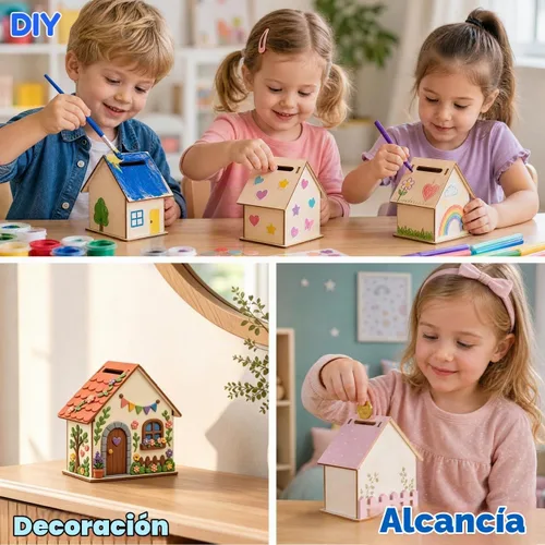 Vista 8 de NUOBESTY Decoración de madera, 5 unidades, hucha de madera, hucha de madera, cabina, monedero, caja de ahorros sin terminar, manualidades