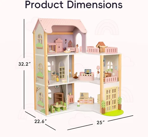 Vista 7 de OOOK Casa de muñecas de madera con 60 accesorios de muebles de lujo, incluyendo 4 muñecas y 2 mascotas, casa grande de muñecas de 3 pisos con 6
