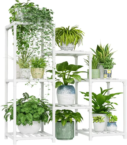 Vista 15 de Bamworld - Soporte esquinero para plantas de interior y exterior, mesa pequeña para varias plantas, estante de madera para jardín, patio, césped