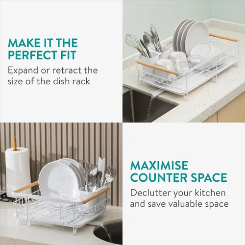 Vista 3 de Navaris Escurridor extensible para platos – Tabla de drenaje ajustable para secar platos – Platos extraíbles y soporte para cubiertos – Escurridor