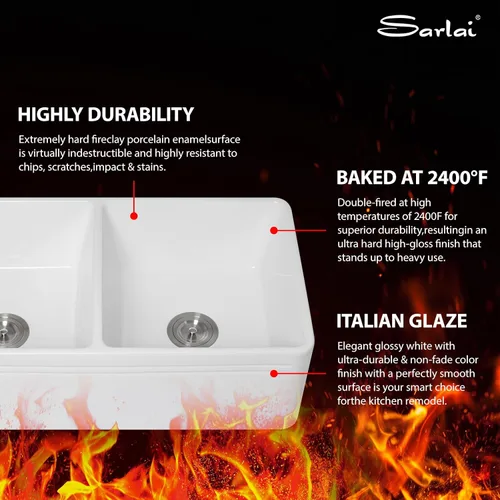 Vista 7 de Sarlai Fregadero de cocina de 33 x 18 pulgadas, color blanco, fregadero de cocina de 33 x 18 pulgadas, cuenco doble frontal 50/50 de porcelana