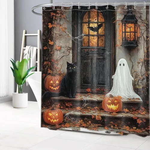 Vista 17 de HVEST Cortina de ducha con ganchos, calabaza espeluznante y fantasma con sombrero de bruja negro, juego de cortina de ducha naranja con flores