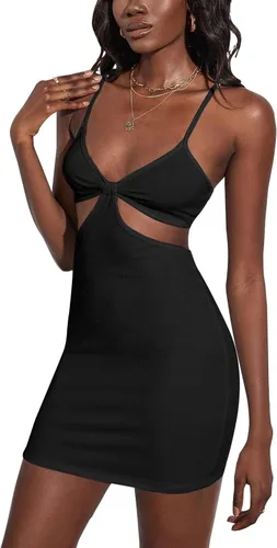 Vista 3 de VNVNE Mini vestido sexy recortado para mujer, sin espalda, tirantes delgados, lazo, club, bodycon