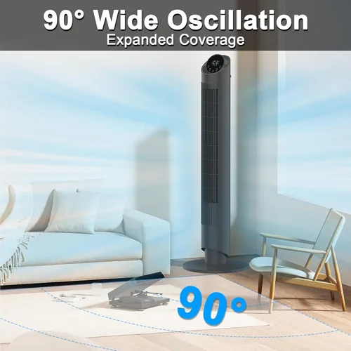 Vista 8 de hykolity Ventilador de torre para dormitorio, ventilador oscilante de 90°, ventilador de piso ultra silencioso de 28 dB con control remoto