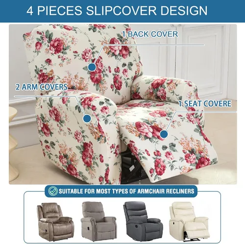 Vista 3 de KRFOONN Fundas elásticas para sillón reclinable con estampado, fundas para sillas reclinables de 4 piezas, fundas para sillón reclinable Lazy Boy