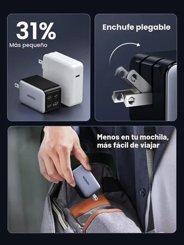 Vista 4 de UGREEN Nexode 65W GaN Cargador de Pared USB C, Cargador de 4 Puertos Tipo-C Rápido Compatible con MacBook Pro/Air, iPhone Serie 17/16/15, Galaxy