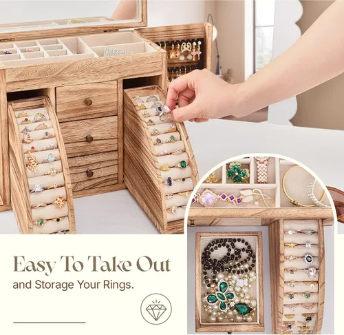 Vista 4 de Joyero organizador, cajas de joyería de madera maciza para mujeres con espejo, caja organizadora de joyas grande para exhibir aretes, collar
