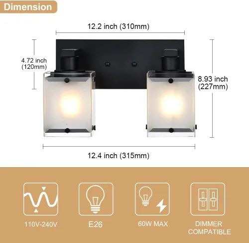 Vista 4 de Lámpara de pared negra de WINSHEN, lámpara de tocador de baño de 2 luces, lámpara de montaje en pared sobre espejo para dormitorio, estudio, sala